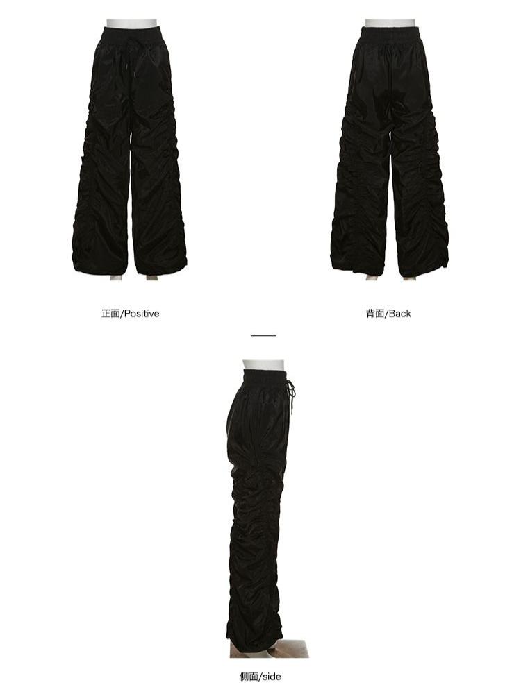 Pantaloni lungi cu design plisat, modă coreeană 2025, negru uni, versatili, casuali, largi, fată, talie înaltă, picior lat, pantaloni lanternă