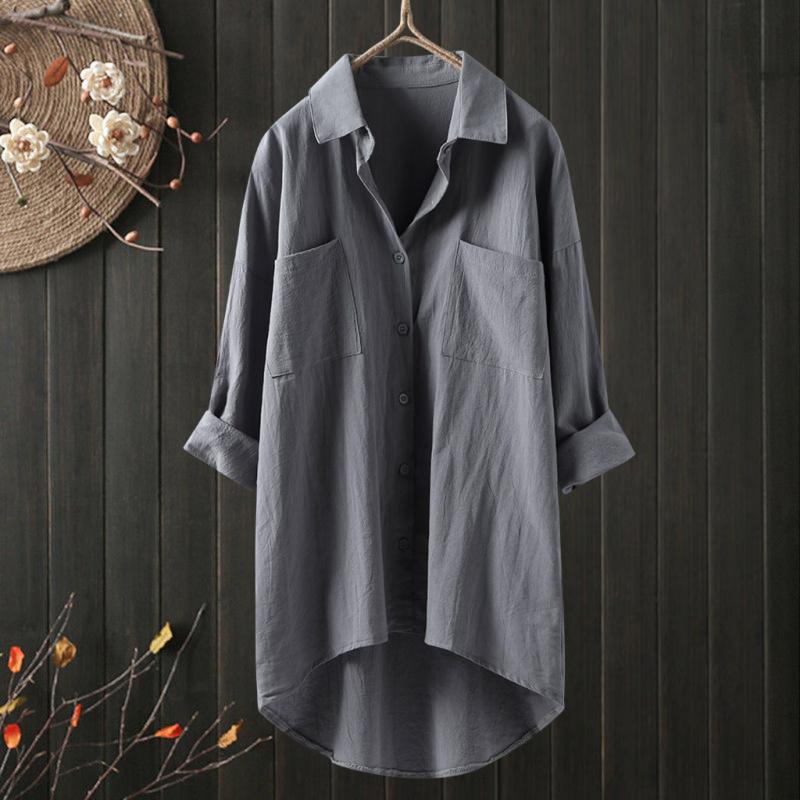 2026 Lente en Herfst Nieuw Dames Casual Stijl Effen Kleur Shirt Katoen Linnen Vest met Dubbele Zakken Lange Mouw Top
