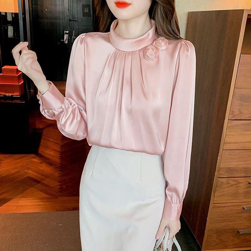 Women's Slim Fit Satin Stand Collar Shirt - Spring/Autumn Casual Long Sleeve Solid Color.