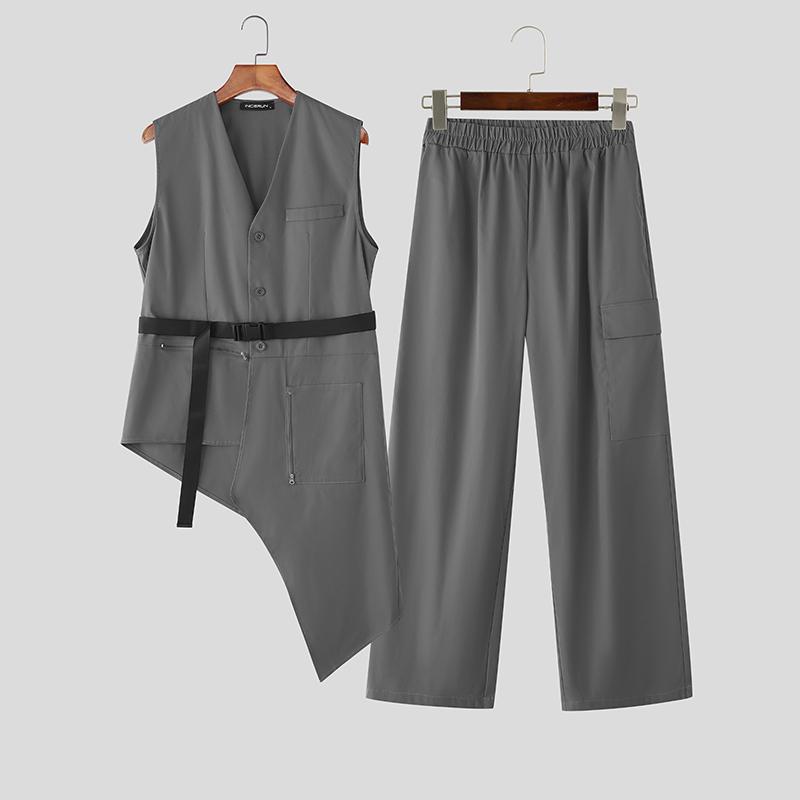 INCERUN Men Sleeveless Buttons Irregular Tops and Long Loose Pants Outfits Sets