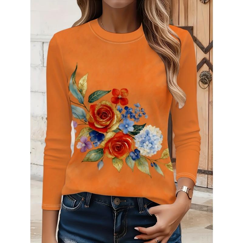 Women's Full-Body Print T-Shirt - Long Sleeve Crew Neck Blouse Suitable for Spring/Autumn