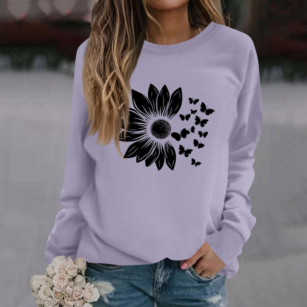 Women's Fashion Casual Long Sleeve Solid Color Printed Round Neck Top Sweatshirt