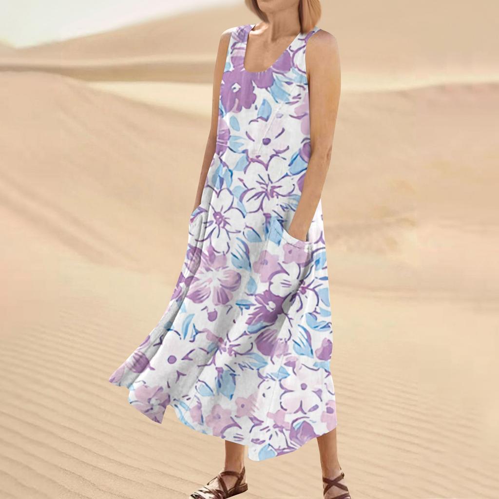 Women's Fashion Casual Solid Colour Sleeveless Cotton Linen Pocket Dress