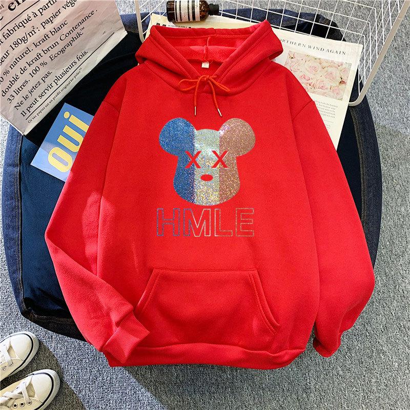 

Зима-осень женская мода с мультяшным принтом и капюшоном, свободная бархатная теплая толстовка XXXL кардинал