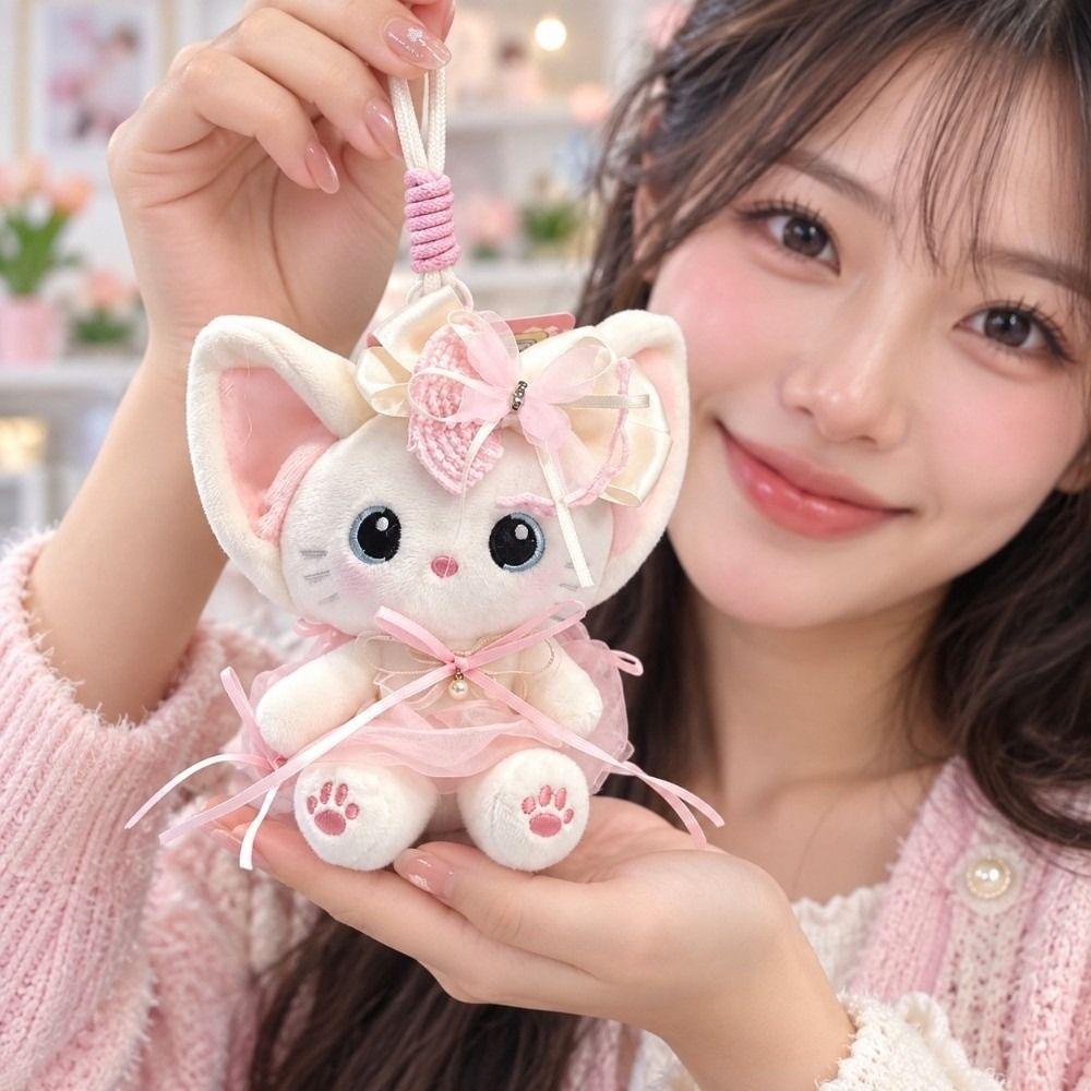 Lace Bowknot Plush Cat Keychain Soft Desk Mascot Charm Sweet Bag Accessory Desktop Decor