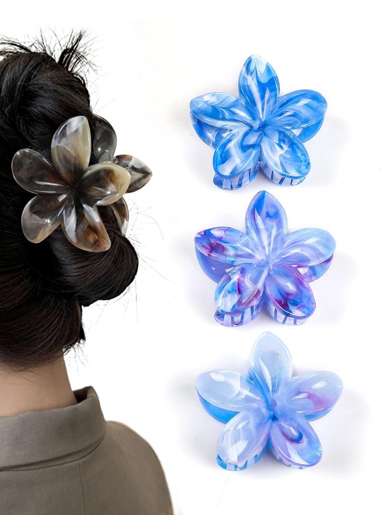 3 Pcs Hawaiian Flower Hair Claw Clips for Thick Hair,Non Slip Marble Vein Plumeria Flower Hair Pins for Women Beach Vacation