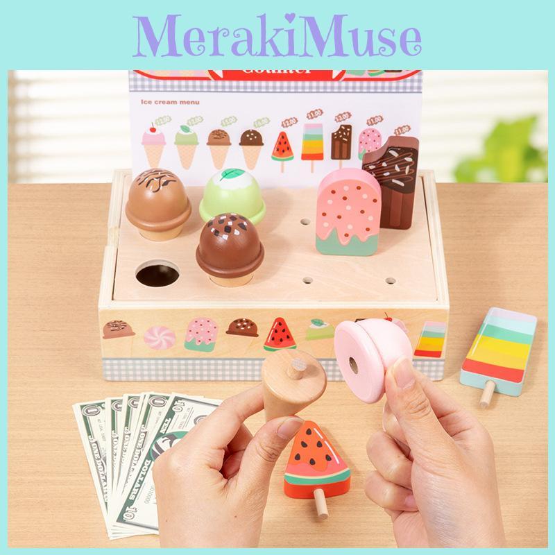 Wooden Ice Simulation Cream Vending Cabinet Model Children Toy Set For Gift