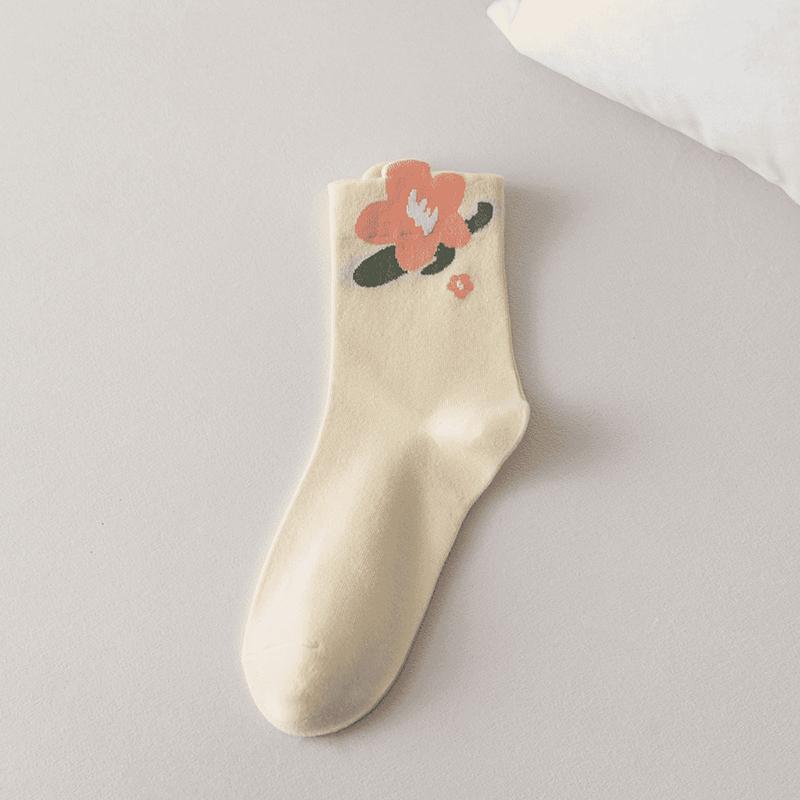 1 Pair Women Cotton Socks Sweet Tulip Flowers Socks For Girls Famale Japanese Harajuku Mid Tube Casual Socks