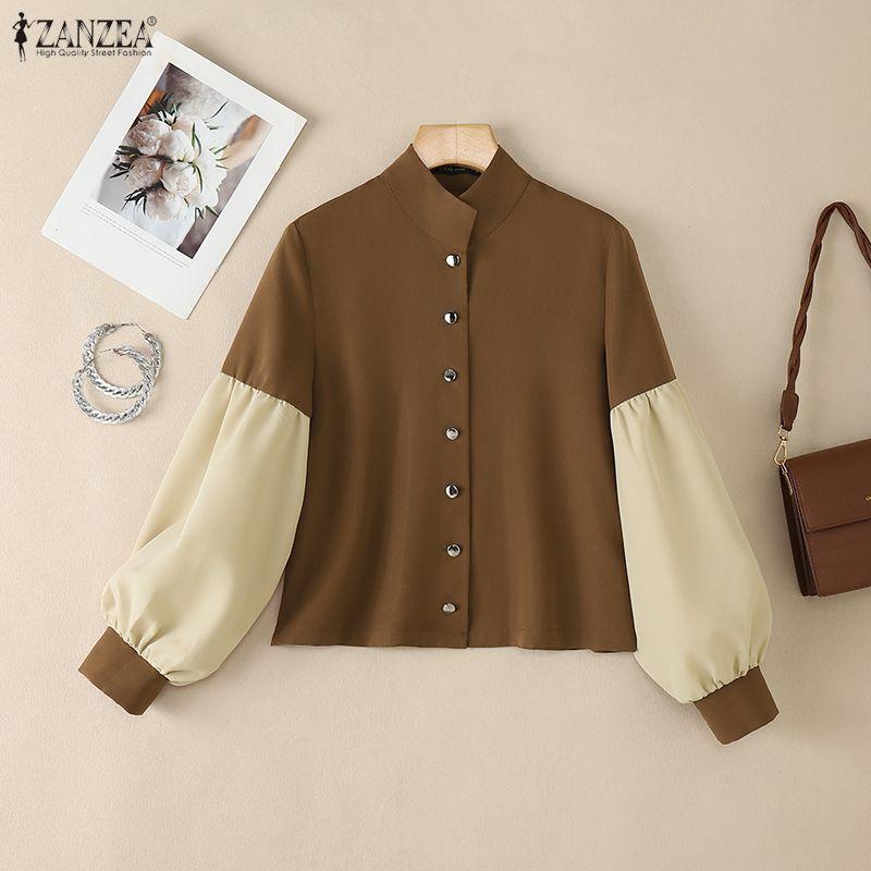 ZANZEA Women CasuaL Stand Collar Splice Puff Long Sleeve Blouse