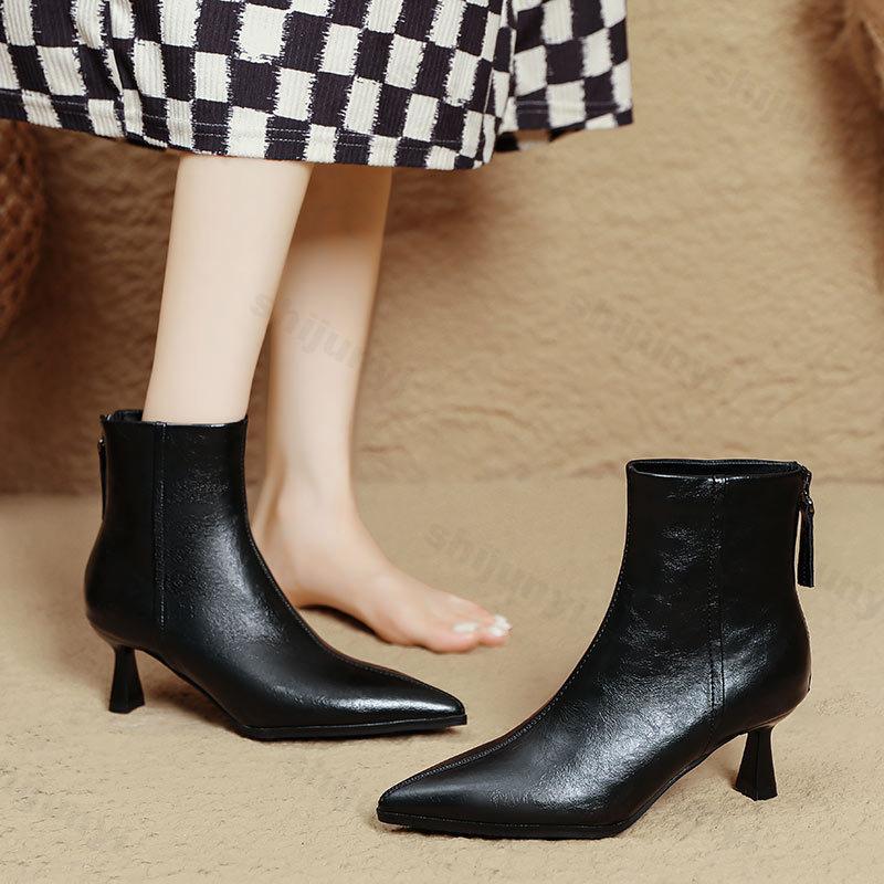 Women Ankle Boots Retro Zipper Pointed Toe Genuine Leather Shoes 2026 Autumn Winter New High Quality Short Boots Botas De Mujer