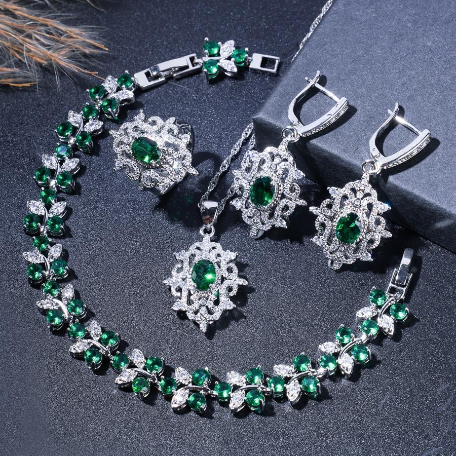 4PCS Exquisite Green Zircon Inlaid Fashion Jewelry Set - Includes Bracelet, Earrings, Necklace, and Rings for Everyday Wear