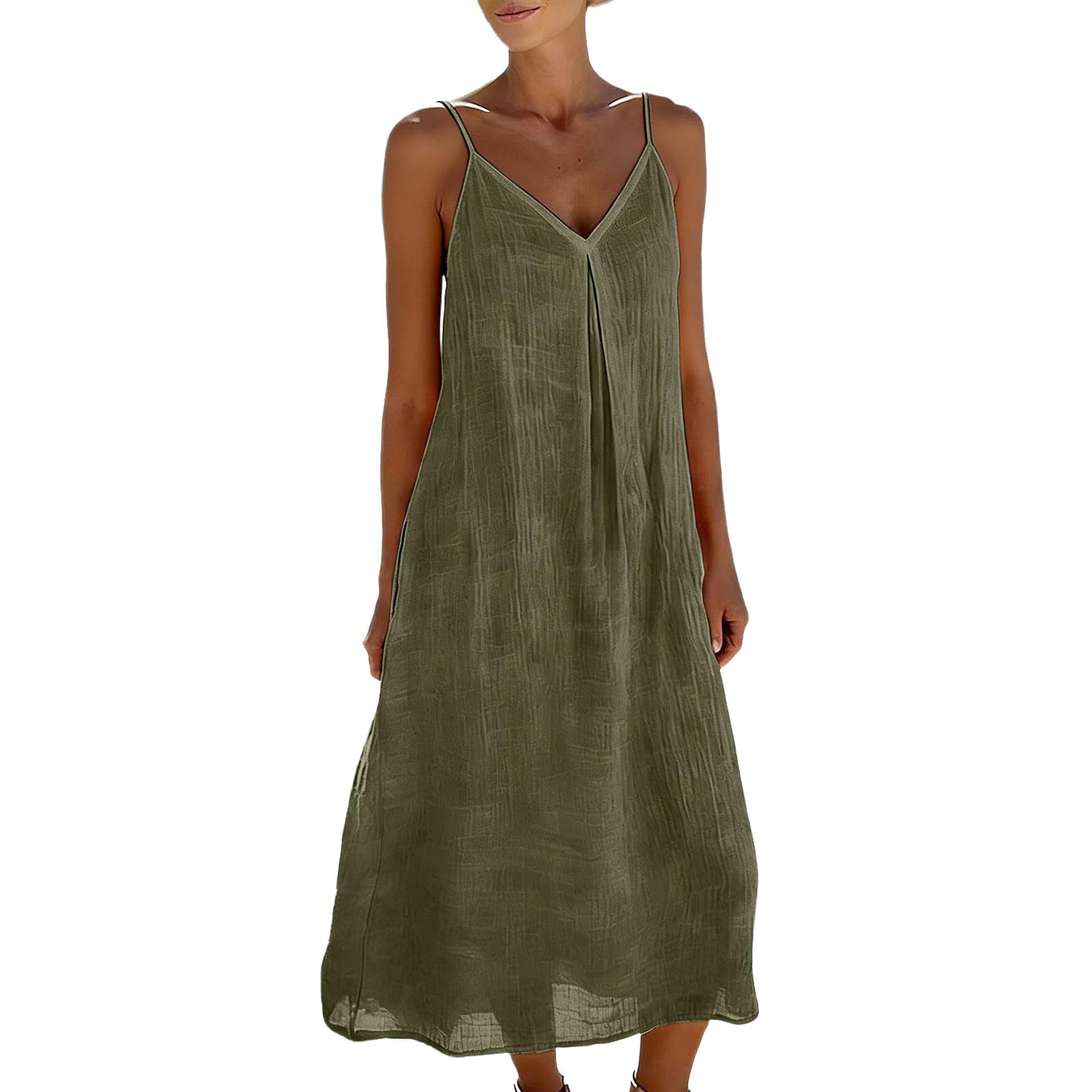 

Women s Summer Fashion Strap Skirt Loose Fold V-neck Bohemian Vacation Beach Cotton Hemp Dress L армия зеленый