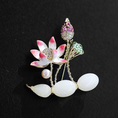 National Style Powder Lotus Lotus Brooch High-End Women'S Exquisite Enamel Lotus Pod Brooch Light Luxury Design Sense Pin Suit Accessories