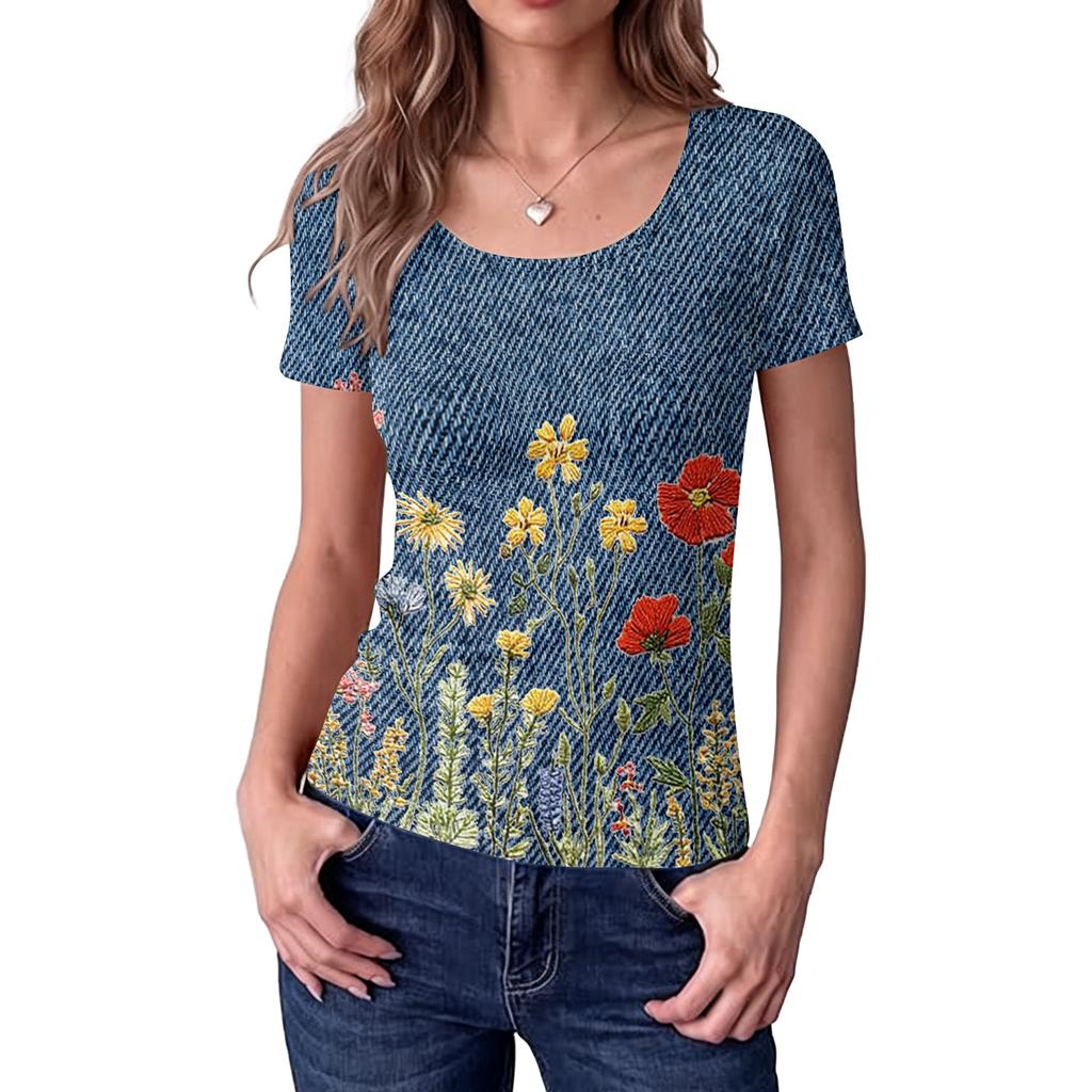 Women's Slim Fit Square Neck Vintage Floral Print Short Sleeve Top Stretchy Casual Blouse for Daily Wear and Outdoor Activities