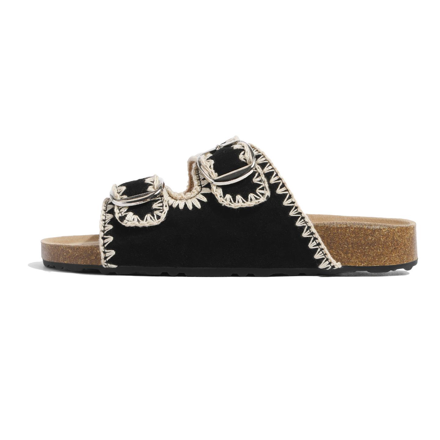 

French thick-soled retro one-word slippers women s 2025 summer new double-buckle sandals outer wear breathable one-word slippers 35 чёрный