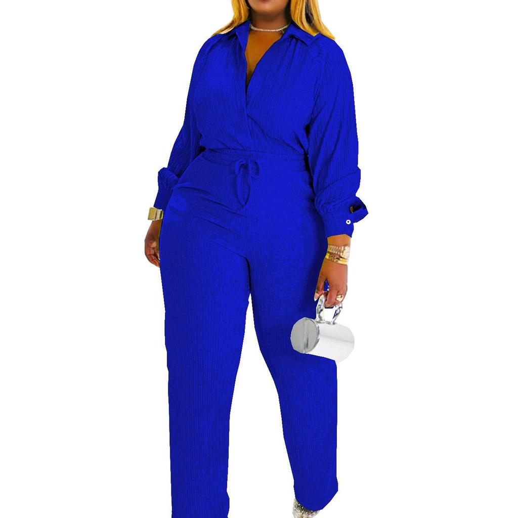 Women's Two-Piece Set: Long Sleeve Pleated Casual Shirt & Elastic Waist Straight Leg Pants