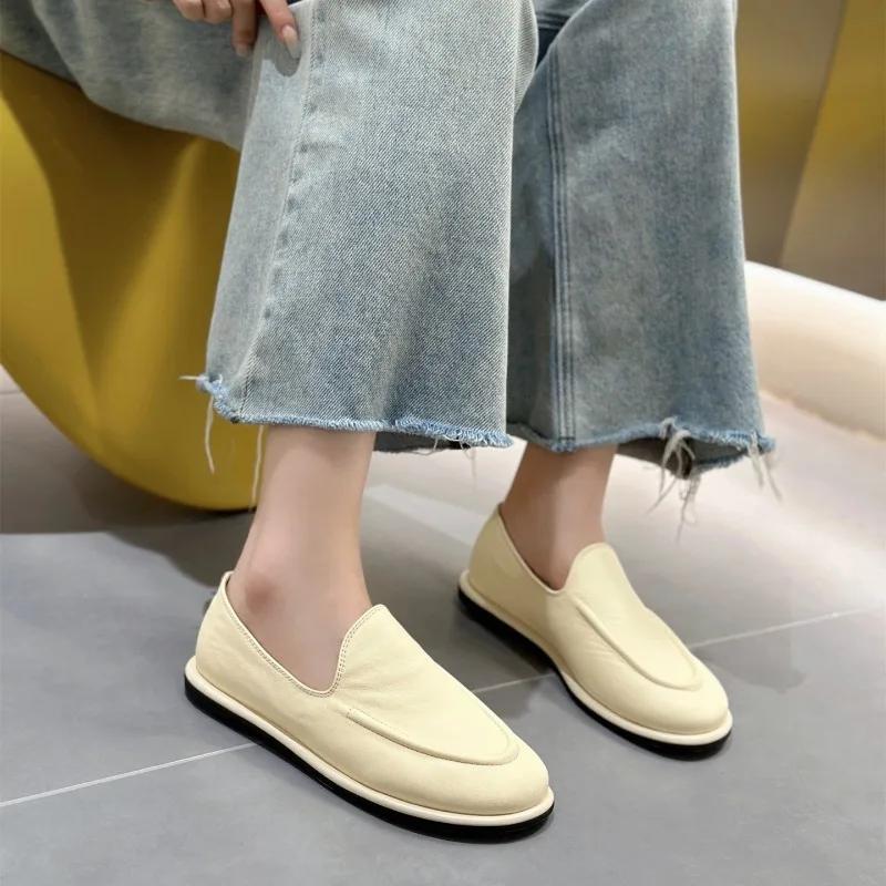 Loafers Women 2025 New Spring One Foot Slip-on Round Toe Shoes Women Genuine Leather Soft Flats Shoes Women