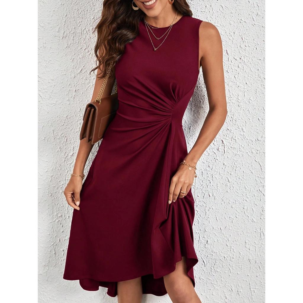 IHUASU Summer Women's Summer Fashion Sleeveless Solid Color A-line Crepe Mid-dress