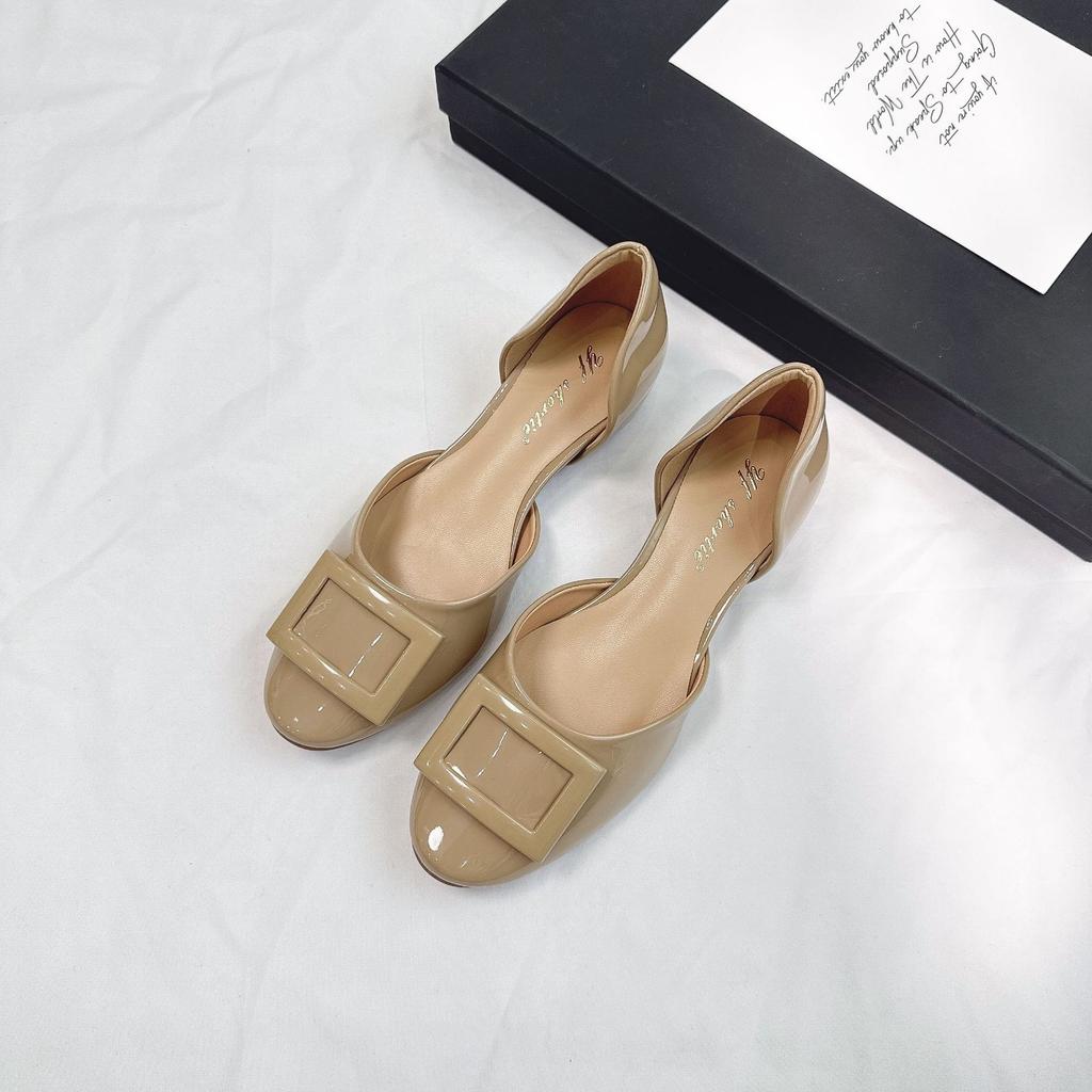 Height increase 4CM paint square buckle patent leather hollow single shoes women's 2025 new Xiaoxiangfeng round head shallow mouth flat shoes