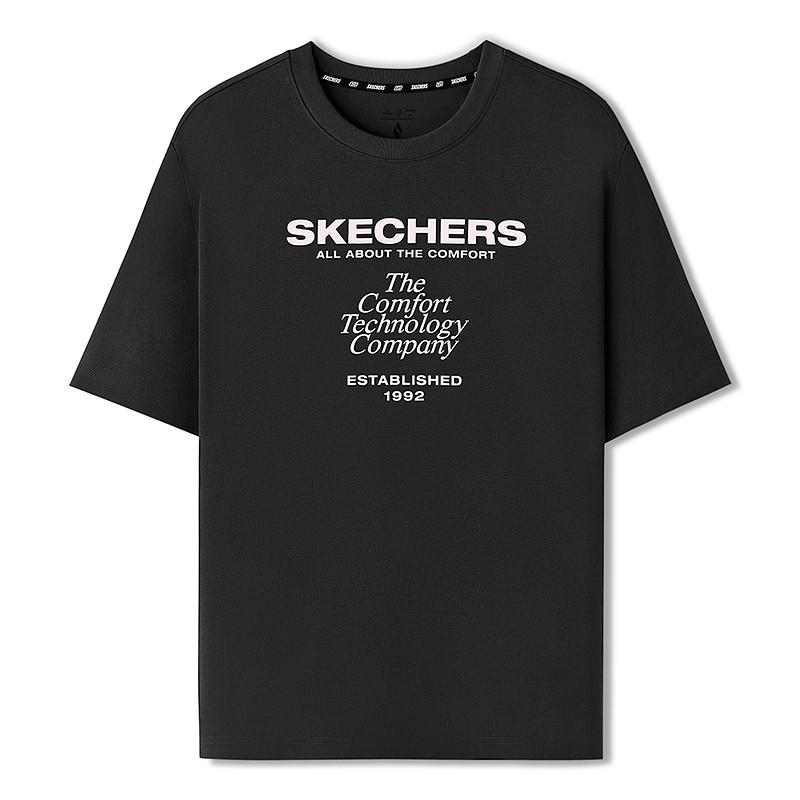Skechers Удобная Свободная Принтованная Дышащая Футболка с Коротким Рукавом и Опущенными Плечами Женские топы Угольно-Черный L225W160-0018 M