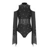 Womens Lyrical Dance Leotard Cold Shoulder Long Sleeves Sheer Mesh Waist One Piece Bodysuit Dancewear