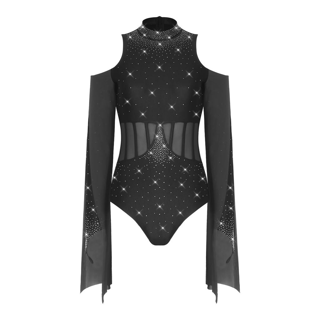 Womens Lyrical Dance Leotard Cold Shoulder Long Sleeves Sheer Mesh Waist One Piece Bodysuit Dancewear