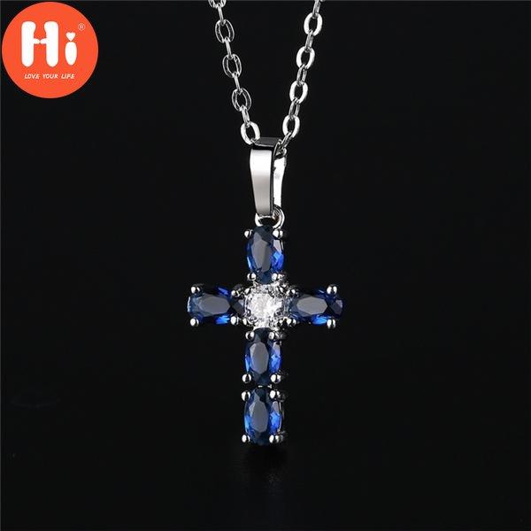Hi Blue Oval Zircon Cross Pendant Necklace for Women Silver Color Chain Charm Necklace