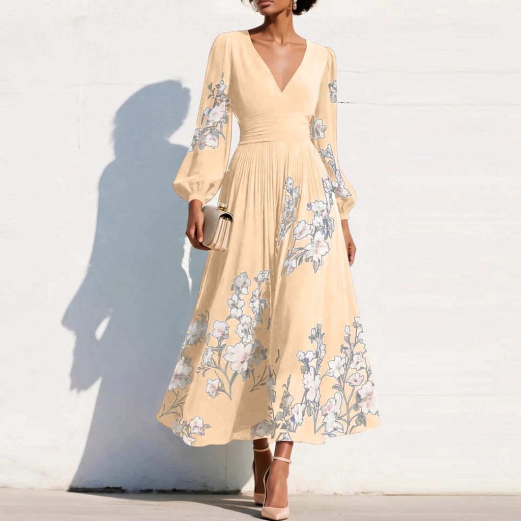 Damen Maxikleid mit langen Ärmeln, V-Ausschnitt, Falten und Blumendruck, Elegante Passform, Ausgestellter Schnitt, Lange Länge, Für Freizeit und formelle Anlässe