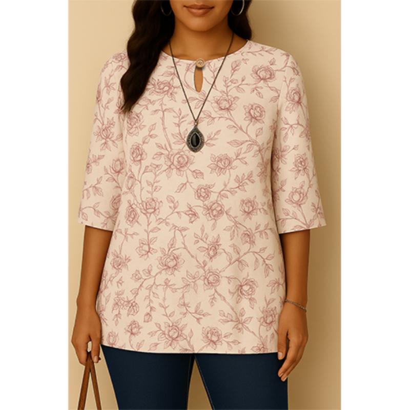 Casual Blouse, Vintage Style, For Women, Floral Print, O Neck, Three Tribal Sleeves, Elegant Loose Top
