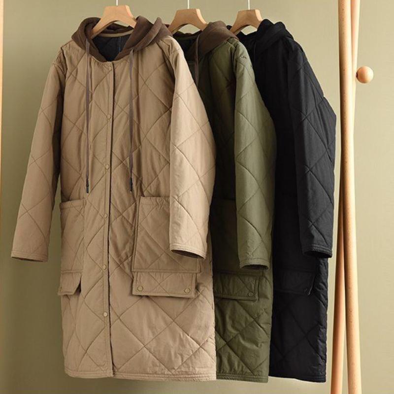 Toamnă Vintage Plus Size Palton rombic cu glugă Femei Iarnă Nouă Jachetă din bumbac Largi Casual Lungime mijlocie Jachete din bumbac căptușite în contrast de culoare