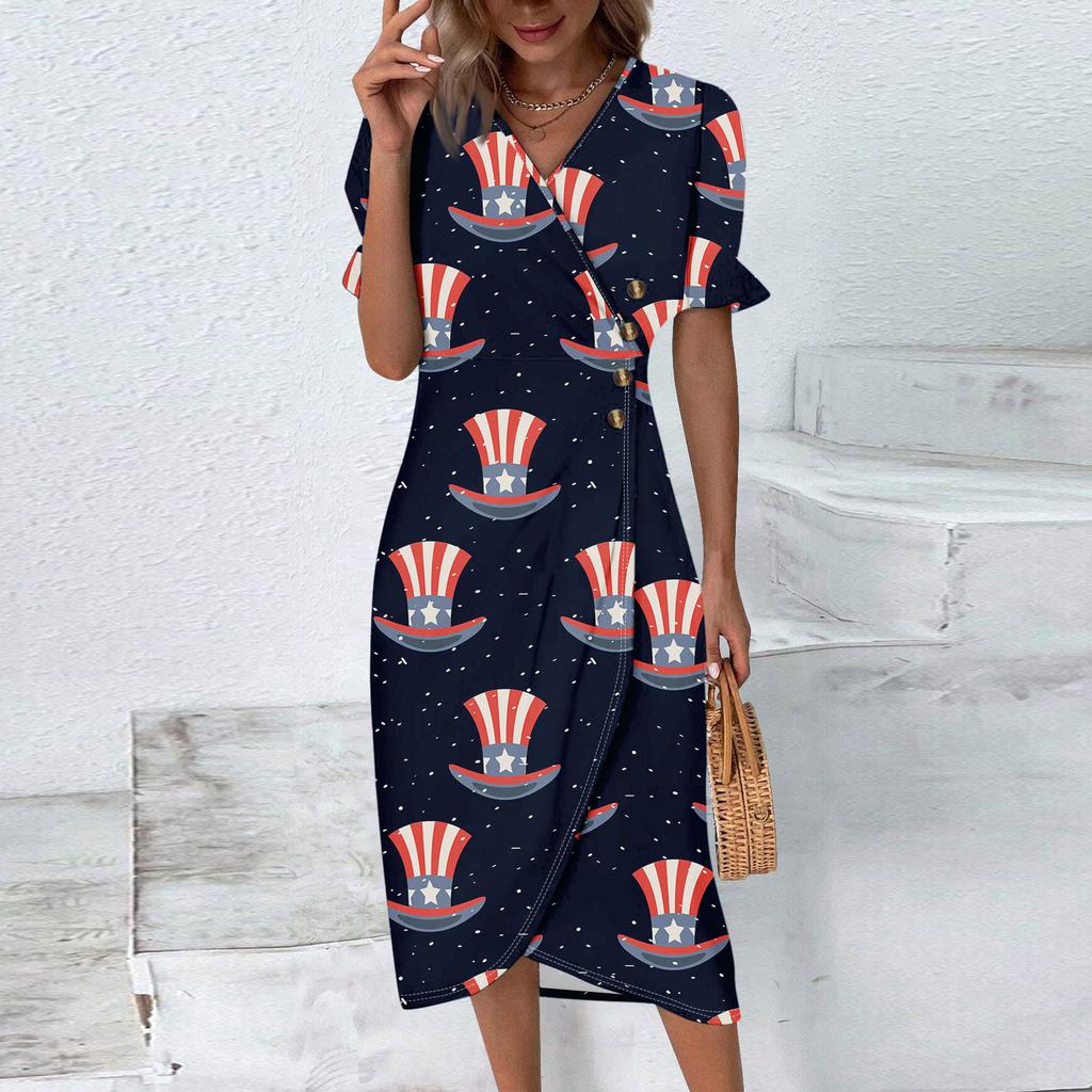 Strandkleider für Damen Frühling Sommer Elegant Wickel V-Ausschnitt Unabhängigkeitstag Print Kleid Fließend Gerafft Hawaiianisches Maxikleid