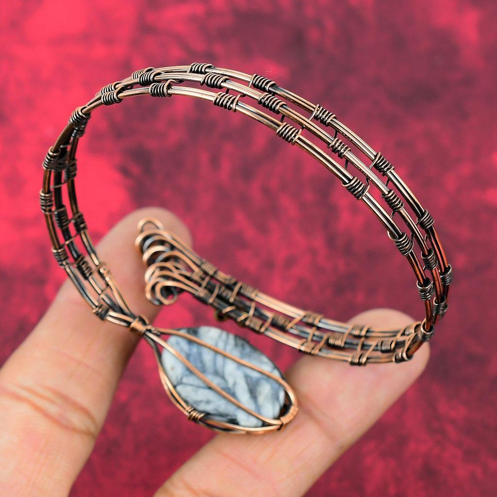 Pinolith Jasper Bangle Copper Wire Wrapped Cuff Bracelet Adjustable Bangle Beautiful Copper Jewelry Gift For Women Handmade Gemstone Jewelry