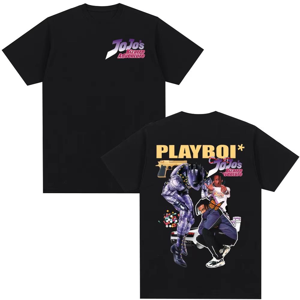 This Eye-Catching Playboi Carti x JoJo’s Bizarre Adventure Graphic T-Shirt Merges Hip-Hop Culture With Iconic Anime Aesthetics Ideal For Fans 4XL