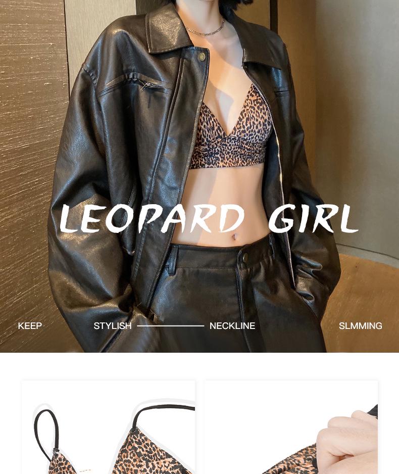 Leopard Print Wire-Free Deep V Lingerie Set - Women's Sexy Triangle Cup Spaghetti Strap Bra