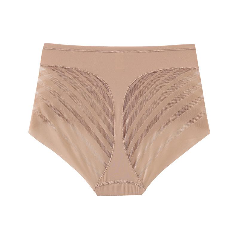 Plus Size Mid-Waist Women's Briefs - Light Tummy Control, Hip-Lifting, Striped Mesh, Breathable, Thin, Pure Cotton Crotch.