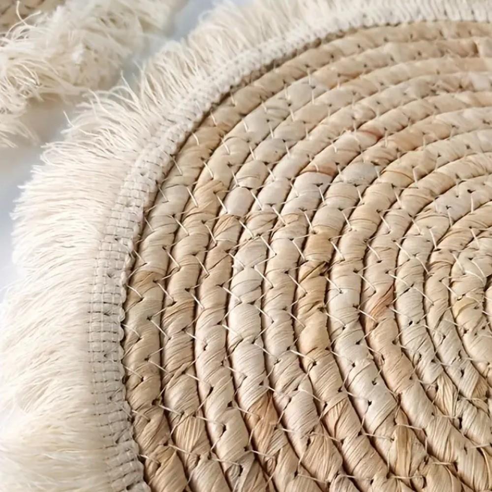 Boho Straw Woven Tray Wall Decor Macrame Round Basket Straw Wall Hangings Non Slip Heat Resistant Woven Coaster Placemat