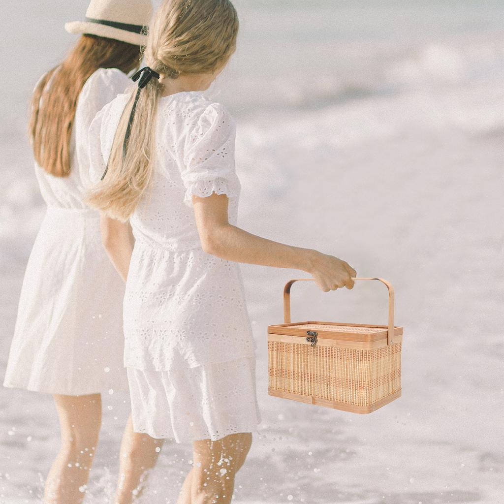 Bamboo Basket Lidded Handwoven Handle Food Fruit Storage Moon Cake Gift Picnic Basket Portable Design Moon Cake Baskets