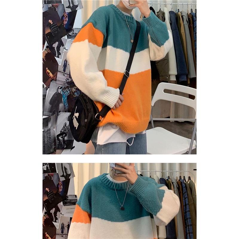  Color Block Crew Neck Sweater Men Loose Fit Casual Knit Pullover Jumper
