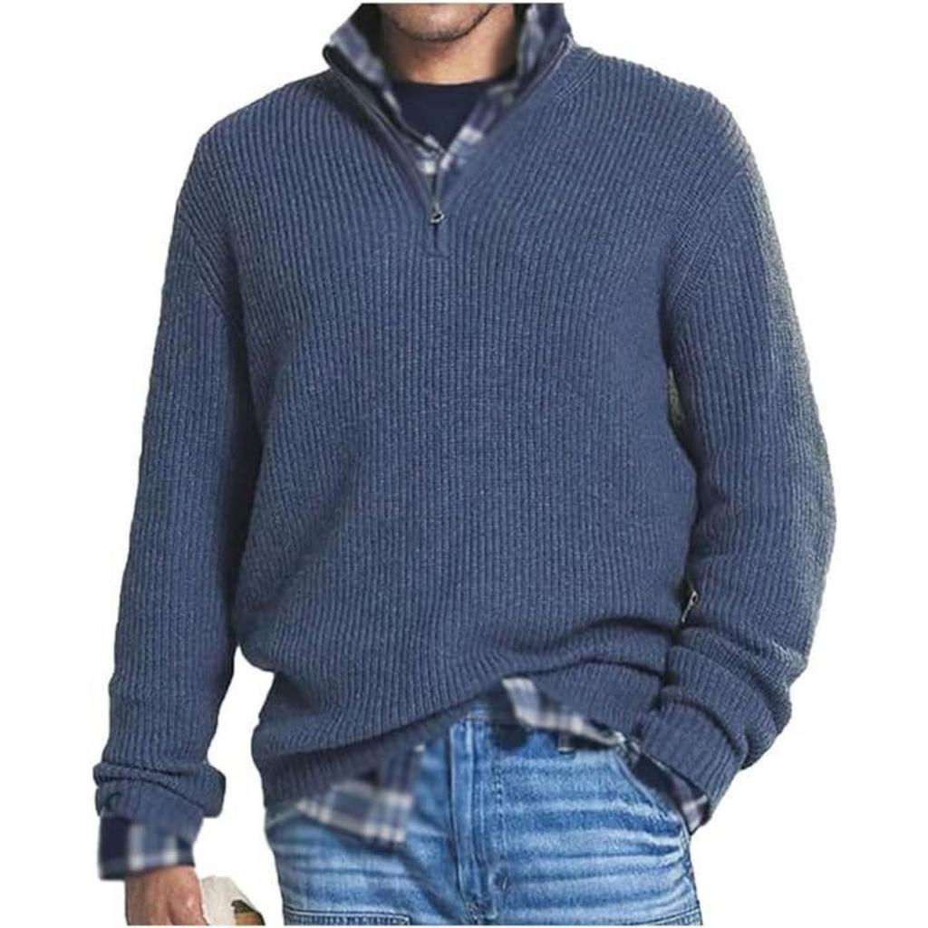 Men's Casual Loose Solid Color Semi-zipper Stand-up Collar Sweater, Men's Warm Long-sleeved Pullover Knitted Sweater