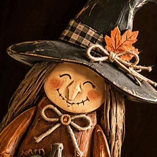 Vintage Wooden Witch Ornaments Figurine, Halloween Statues with Rustic Home Decor Broom Pumpkin Black Cat, Fall Farmhouse Tabletop Decorations