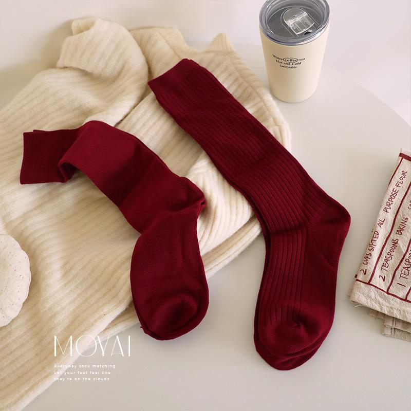 New Year'S Ankara Red Calf Socks Trend Fashion Versatile Burgundy Cotton Medium Stockings