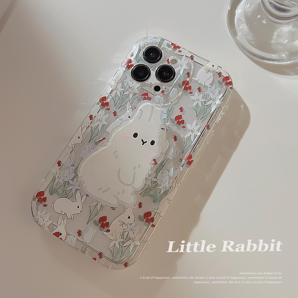 Korean Flower Rabbit Suitable for Iphone13 Apple 14 Mobile Phone Case 11 Cute Girl 15pro Max Bracket 16 Transparent