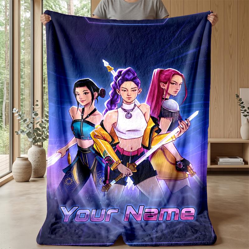 Custom Text Flannel Throw Blanket, Lightweight Cozy Bed Sofa BlanketKpop Demon Hunters