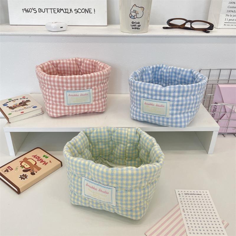 Ins Multi-function Storage Basket Large Capacity Home Decorate Cosmetic Sundry Fresh Lattice Quilted Desktop Organizer
