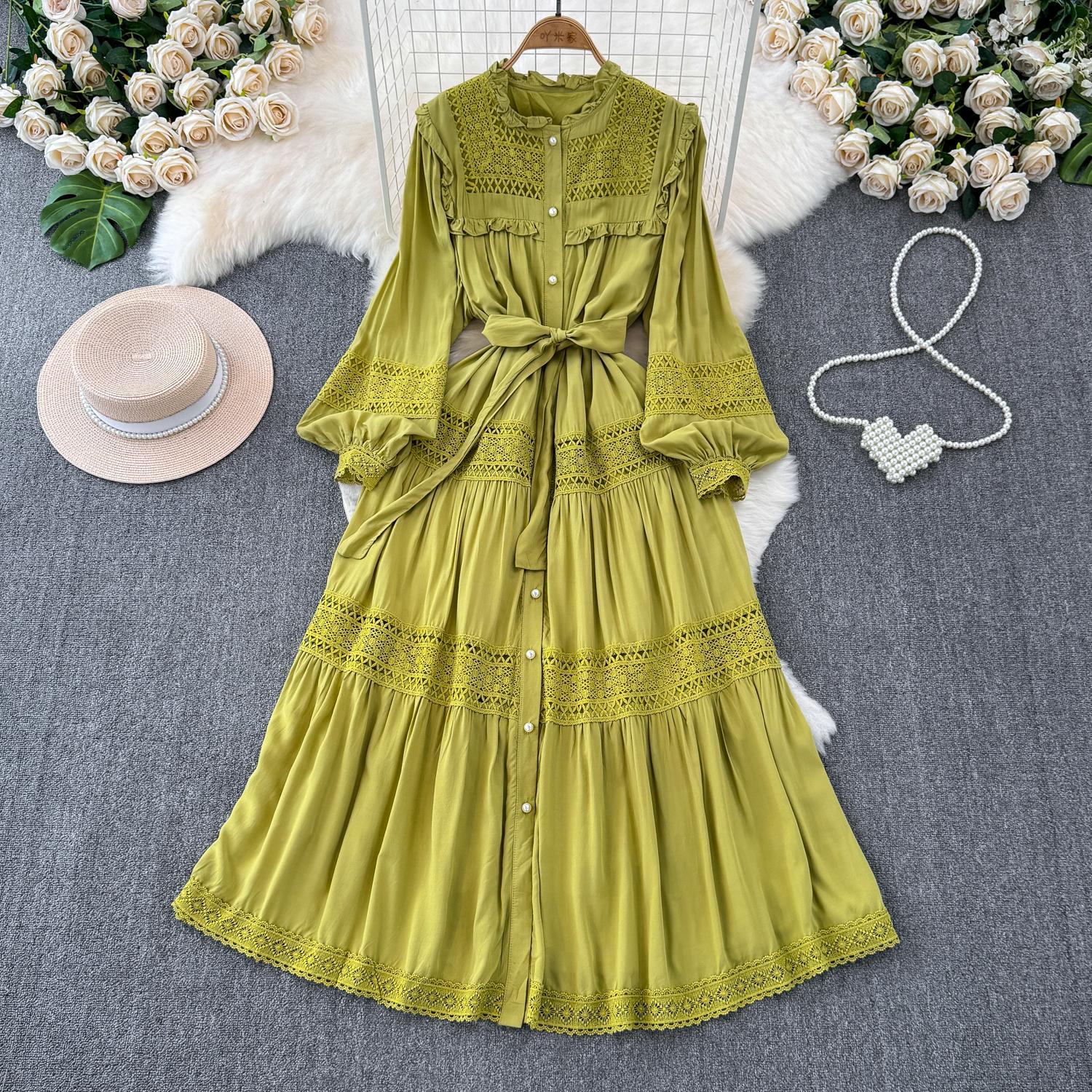 

Кружевное платье с пышными рукавами, длинное, однотонное, корейская мода, на одной пуговице, элегантное, ретро, осеннее длинное платье, оборки, бант, женское платье One Size зелёный