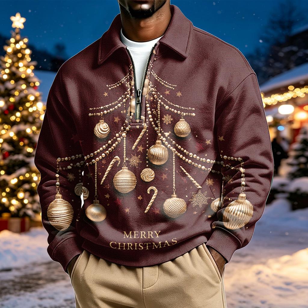 Herren Casual Pullover Sweatshirt mit Kragen und Langarm, Weihnachtsaufdruck