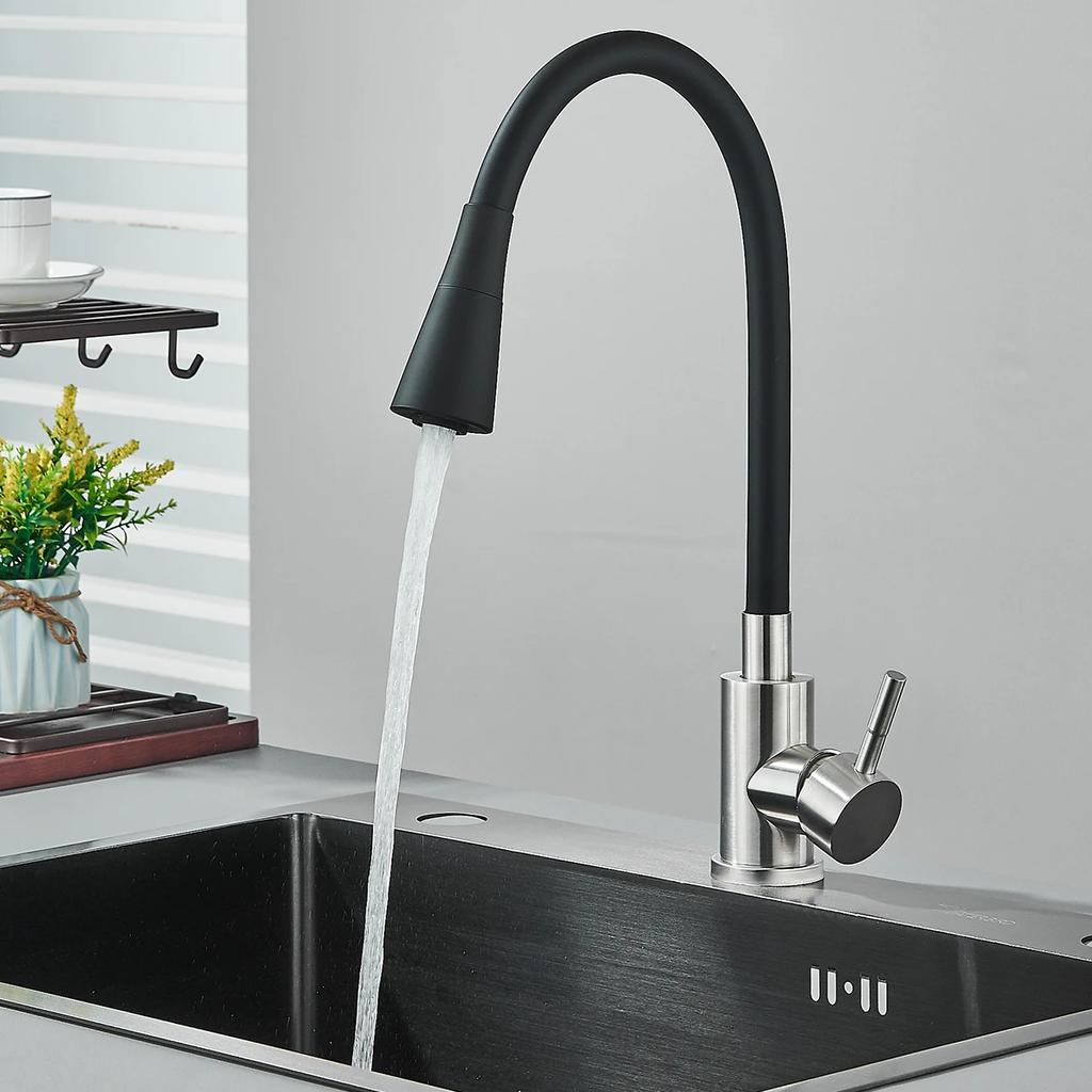360 Roterende Flexibele Keuken Wastafel Kraan Enkele Handgreep Gepolijst Chroom Zwart Koud En Warm Water Mengkraan