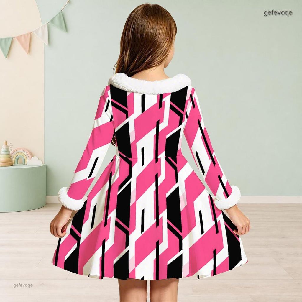 Girls High Neck Long Sleeve Geometric Printed Dress Furry Collar And Cuffs A Line Flared Hem
