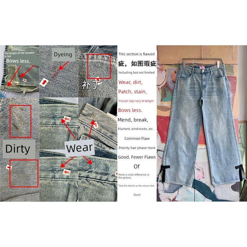 Foreign Trade Original Order PAC * Sun Lena Light Indigo Bow Wide Leg Straight Slimming Low Waist Super Baggy Jeans
