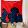 A stylized blue figure with flowing fabric on a bold red background. Patterned tapestry for bedroom and living room home decor